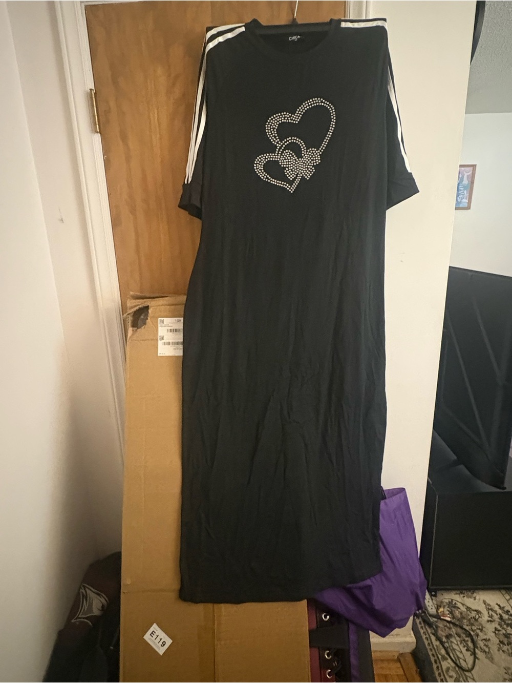 Black Rhinestone Heart Maxi Dress with Sporty Stripes